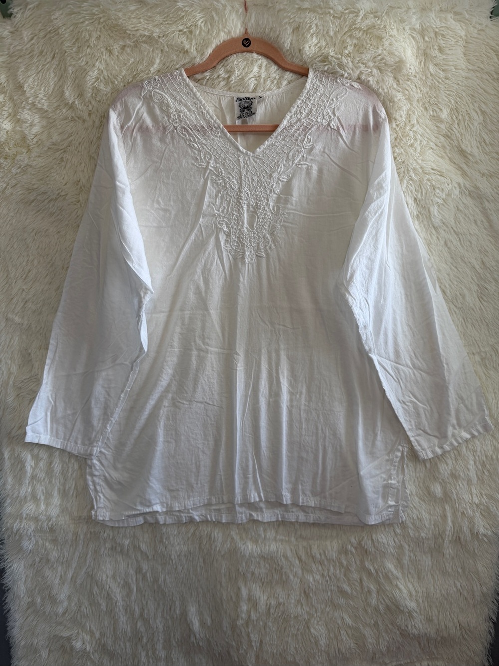 Papillon Womens Boho Fairy Cotton Tunic Top L White Floral Embroidery Cottage